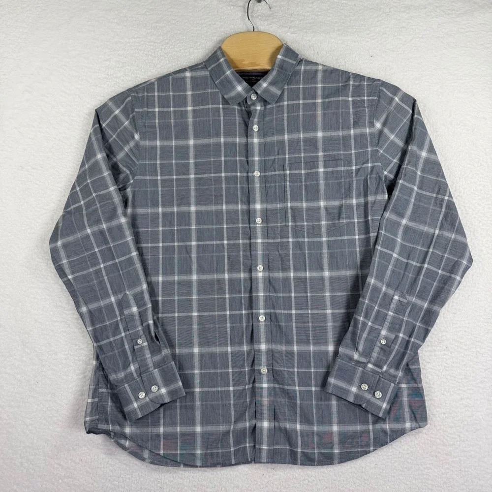 Banana Republic Button Down Shirt Mens XL Blue Plaid Organic Cotton Untucked Fit